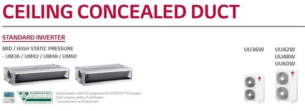 LG Air Conditioning UM60N34 Concealed Ducted Heat Pump 16Kw/60000Btu Standard Inverter 240V/415V~50Hz